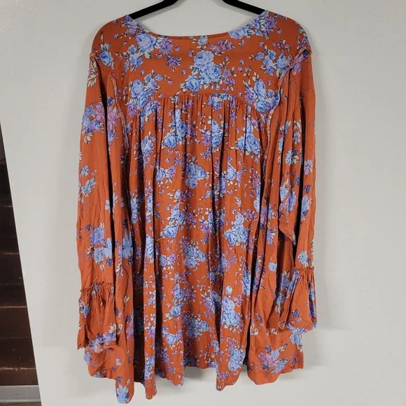 Free People Dress Women's Size M Floral Ruffle Long Sleeve Mini Orange Boho NWT - Picture 3 of 10
